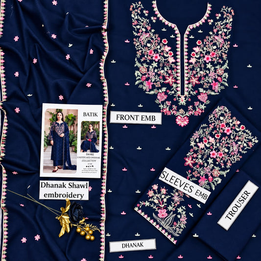 BATIK Premium 3-Piece Embroidered Winter Dhanak Suit (Code: RC-82) Blue