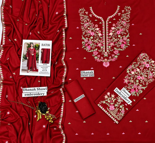 BATIK Premium 3-Piece Embroidered Winter Dhanak Suit (Code: RC-82) Red