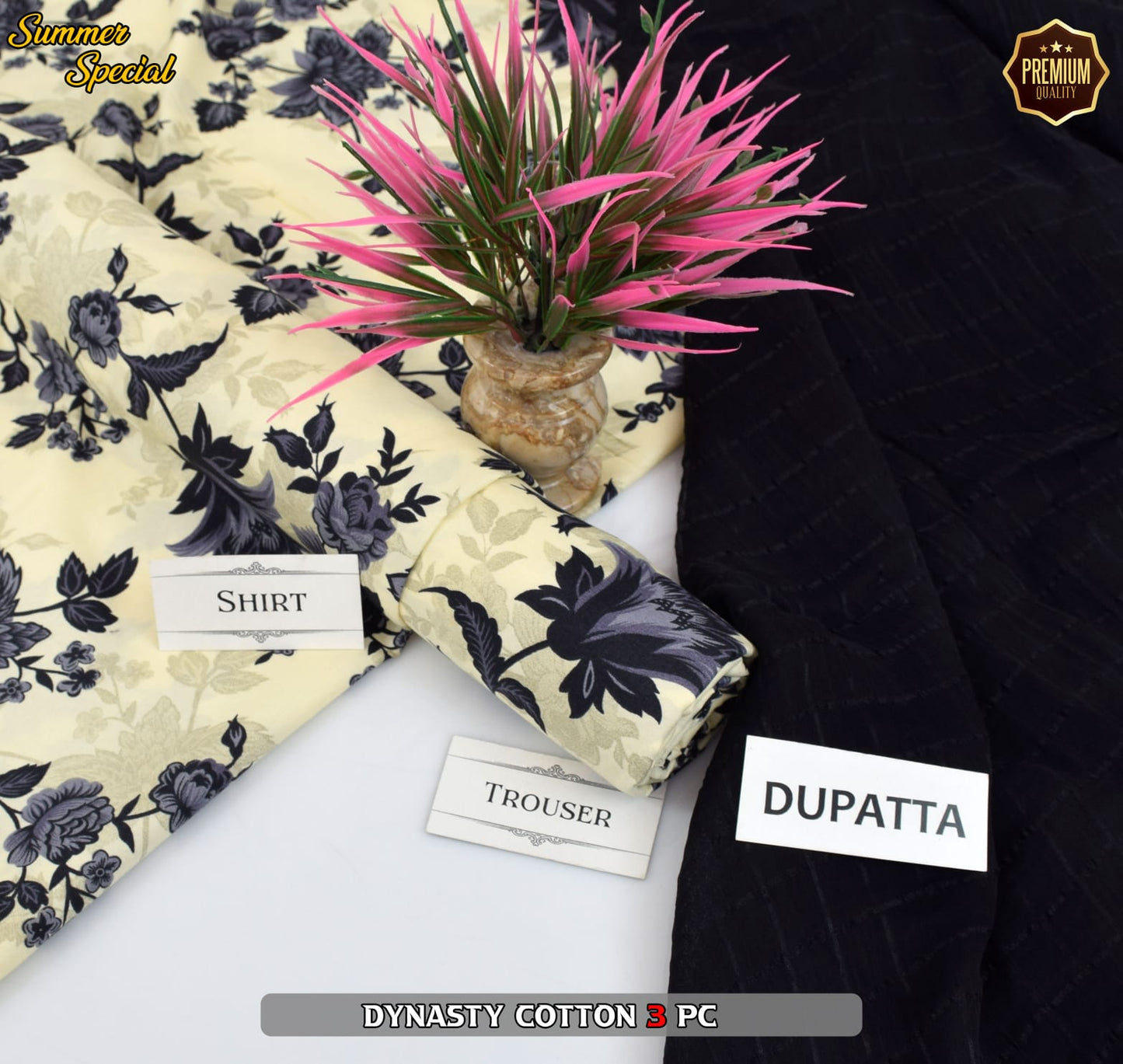 Premium Summer Cotton 3-Piece With Zari Pure Shifoon Dupatta And Digital Printed Trouser