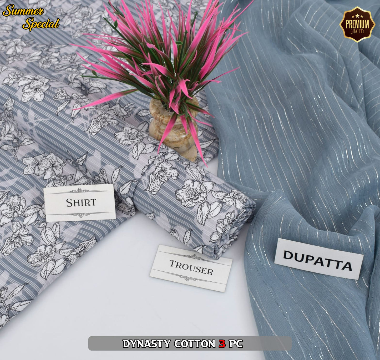 Premium Summer Cotton 3-Piece With Zari Pure Shifoon Dupatta And Digital Printed Trouser