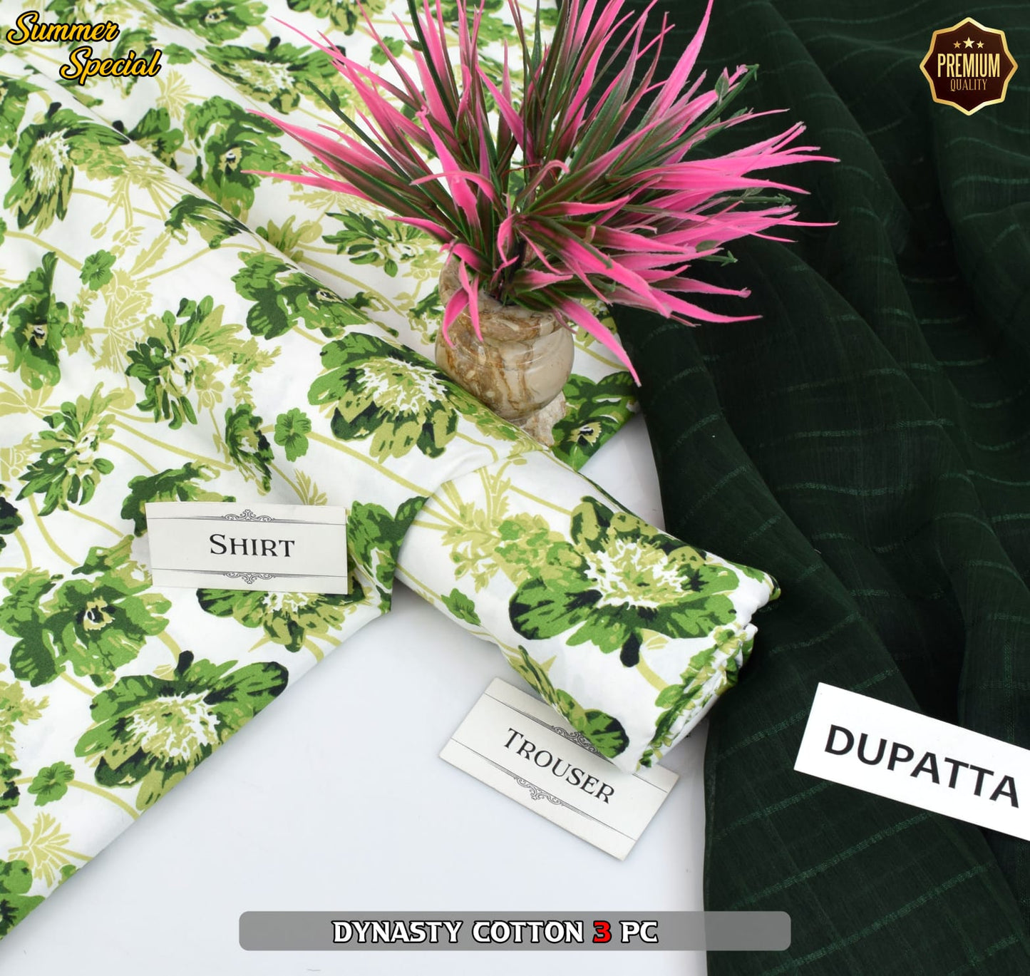 Premium Summer Cotton 3-Piece With Zari Pure Shifoon Dupatta And Digital Printed Trouser