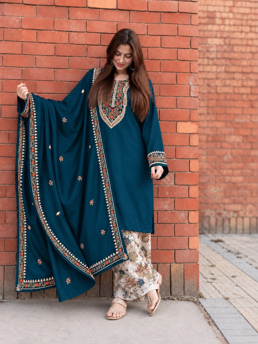 LAAM Winter Dhanak Collection Premium 3-Piece Embroidered Suit with Printed Karandi Trouser Embroidered Dhanak Shawl RC-Teal Blue