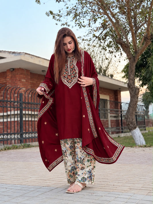 LAAM Winter Dhanak Collection Premium 3-Piece Embroidered Suit with Printed Karandi Trouser Embroidered Dhanak Shawl RC-Deep Meroon
