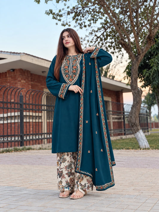 LAAM Winter Dhanak Collection Premium 3-Piece Embroidered Suit with Printed Karandi Trouser Embroidered Dhanak Shawl RC-Teal Blue