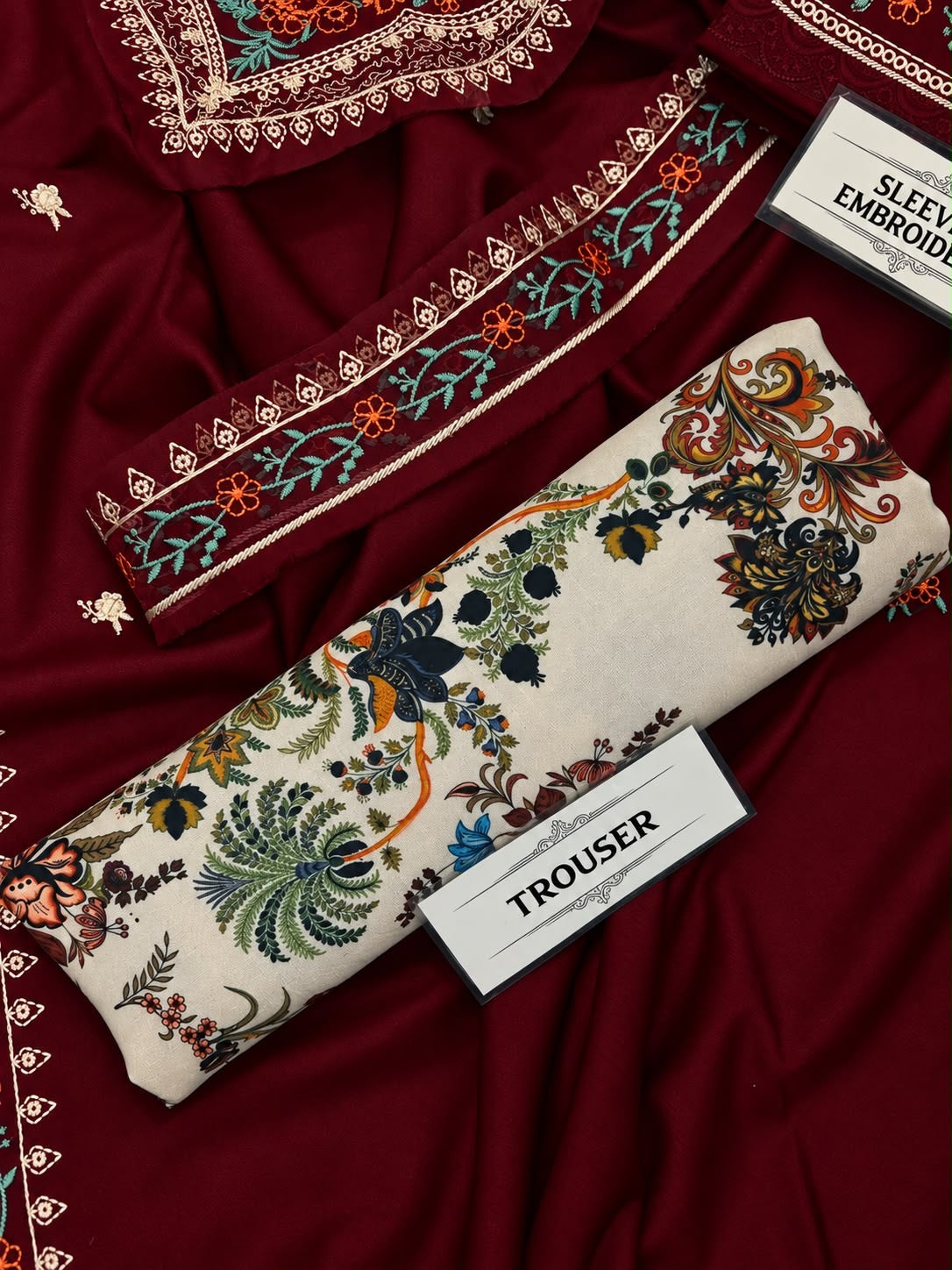 LAAM Winter Dhanak Collection Premium 3-Piece Embroidered Suit with Printed Karandi Trouser Embroidered Dhanak Shawl RC-Deep Meroon