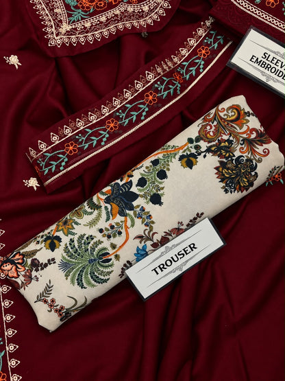 LAAM Winter Dhanak Collection Premium 3-Piece Embroidered Suit with Printed Karandi Trouser Embroidered Dhanak Shawl RC-Deep Meroon
