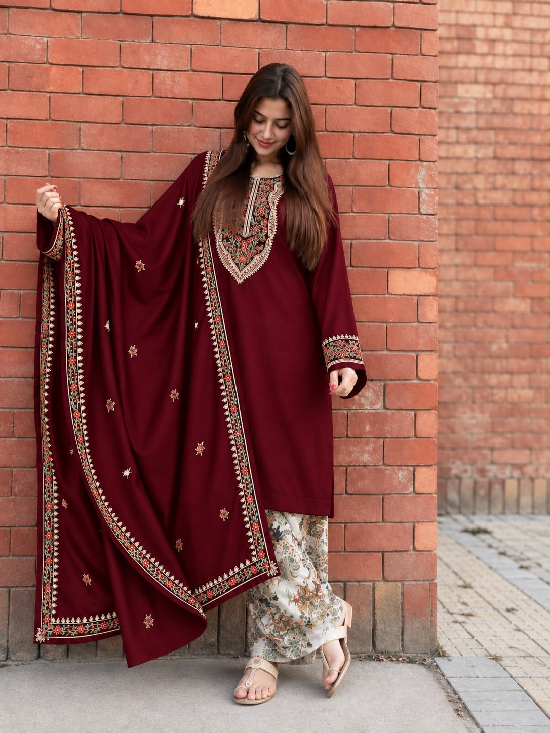 LAAM Winter Dhanak Collection Premium 3-Piece Embroidered Suit with Printed Karandi Trouser Embroidered Dhanak Shawl RC-Deep Meroon