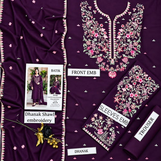 BATIK Premium 3-Piece Embroidered Winter Dhanak Suit (Code: RC-82) Purple