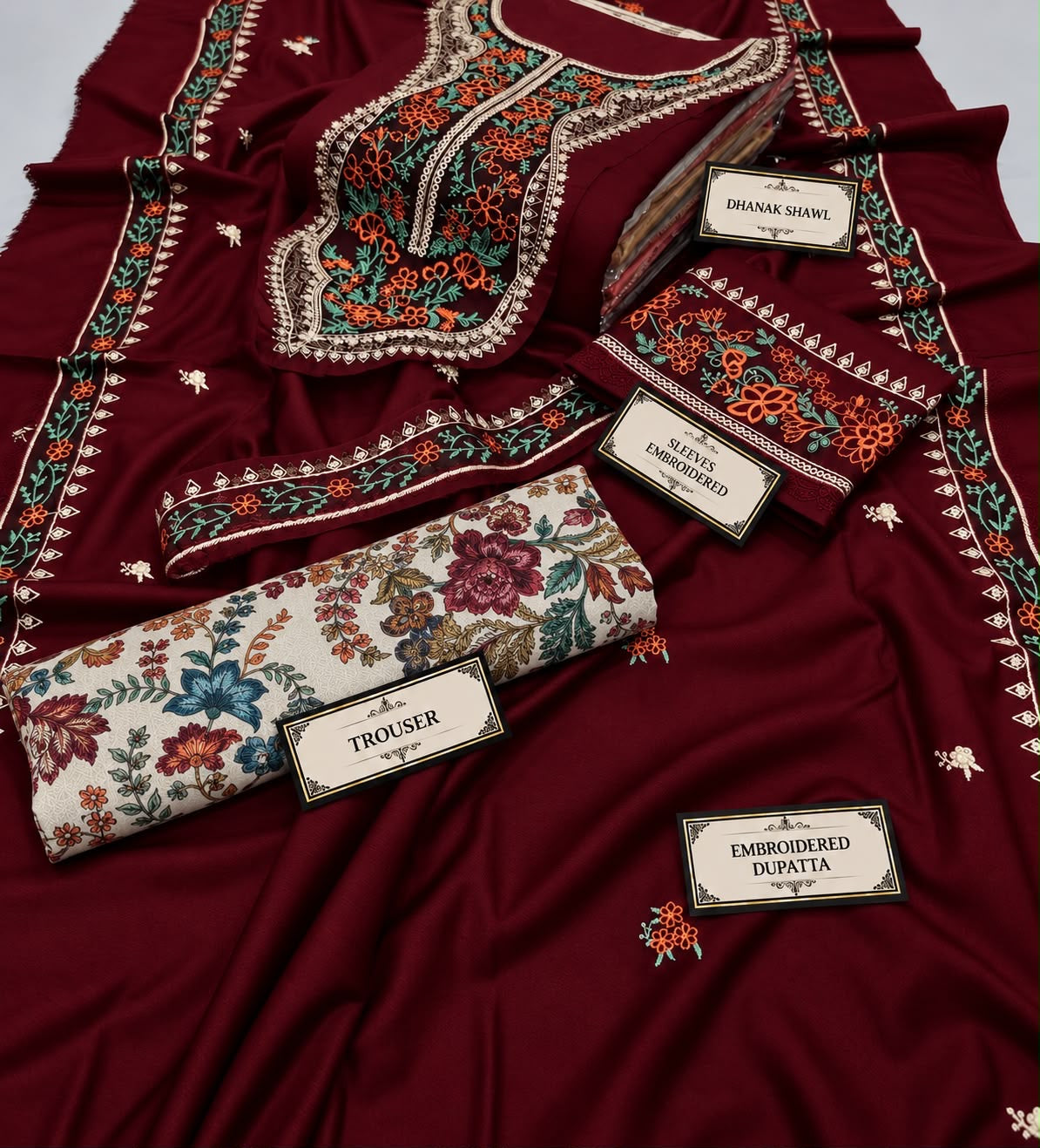 LAAM Winter Dhanak Collection Premium 3-Piece Embroidered Suit with Printed Karandi Trouser Embroidered Dhanak Shawl RC-Deep Meroon