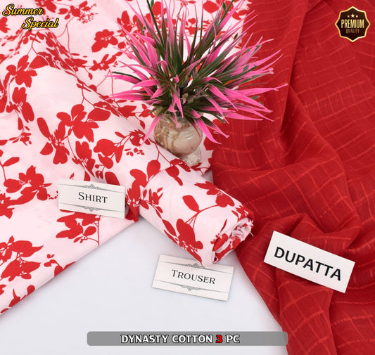 Premium Summer Cotton 3-Piece With Zari Pure Shifoon Dupatta And Digital Printed Trouser