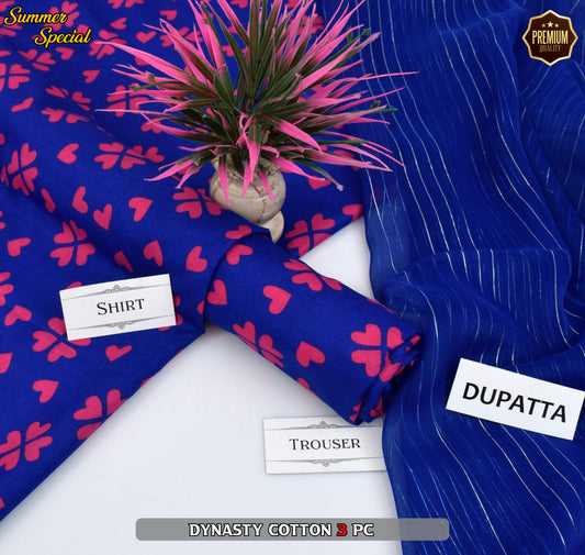 Premium Summer Cotton 3-Piece With Zari Pure Shifoon Dupatta And Digital Printed Trouser