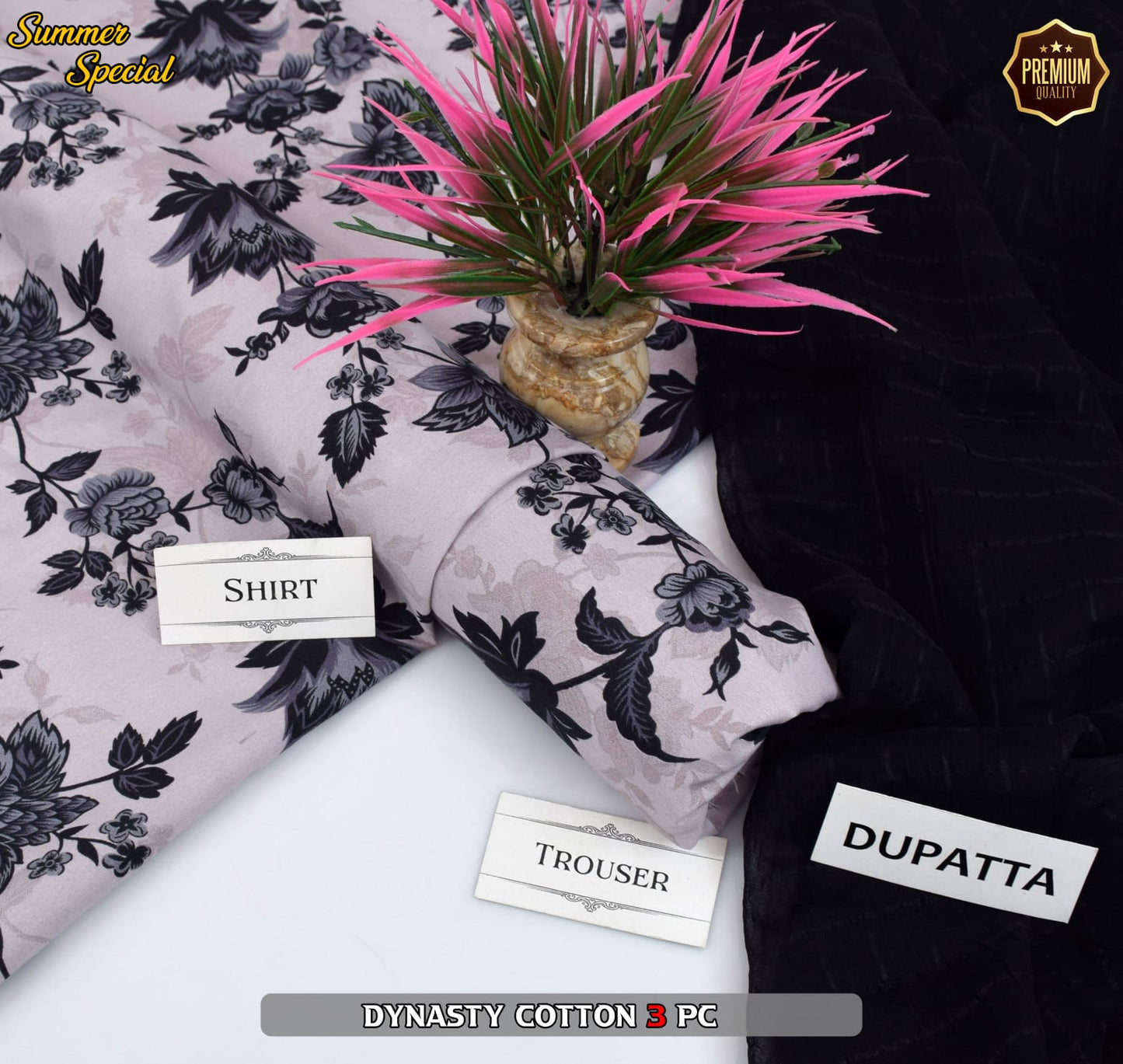 Premium Summer Cotton 3-Piece With Zari Pure Shifoon Dupatta And Digital Printed Trouser