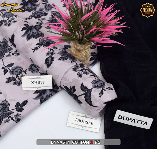 Premium Summer Cotton 3-Piece With Zari Pure Shifoon Dupatta And Digital Printed Trouser