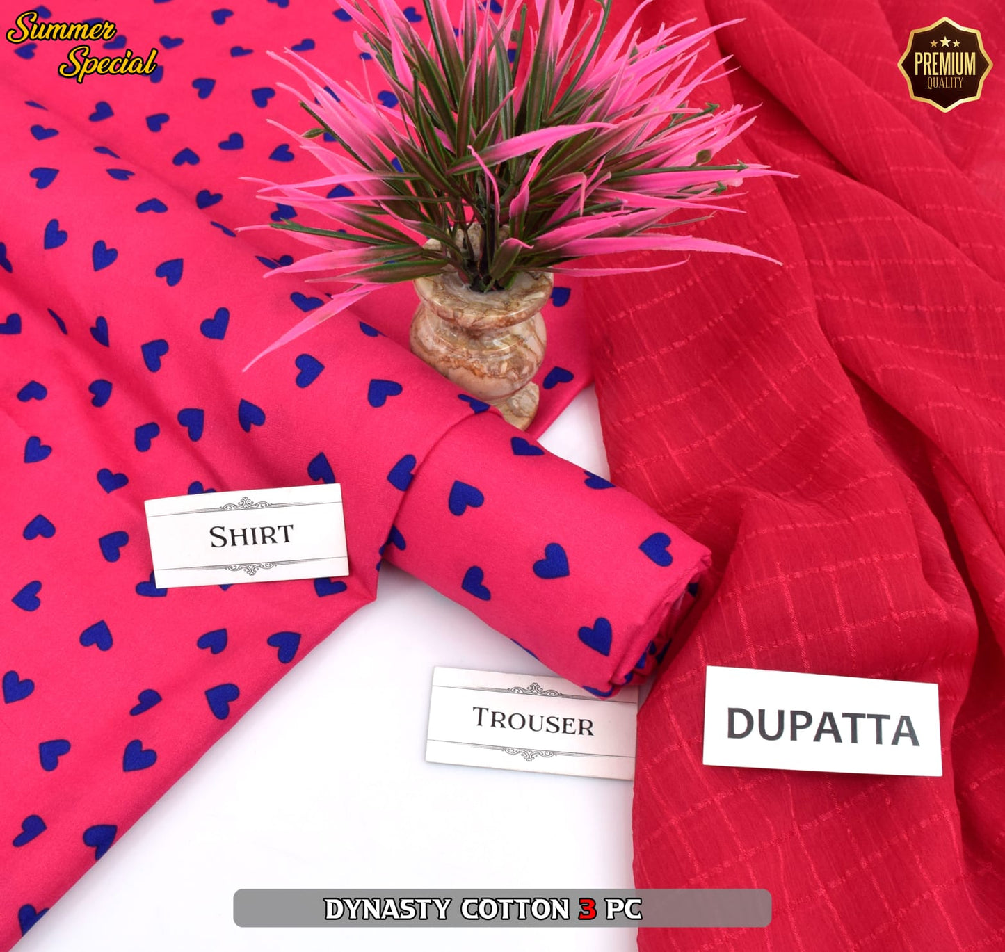 Premium Summer Cotton 3-Piece With Zari Pure Shifoon Dupatta And Digital Printed Trouser