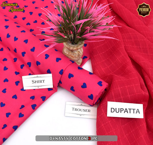 Premium Summer Cotton 3-Piece With Zari Pure Shifoon Dupatta And Digital Printed Trouser