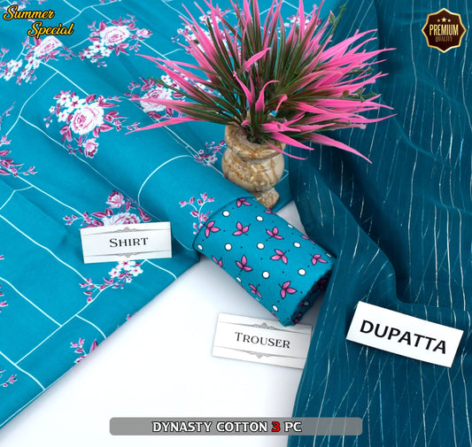 Premium Summer Cotton 3-Piece With Zari Pure Shifoon Dupatta And Digital Printed Trouser