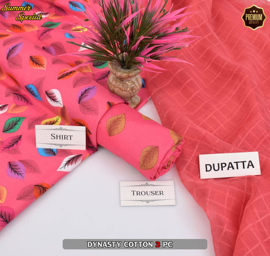 Premium Summer Cotton 3-Piece With Zari Pure Shifoon Dupatta And Digital Printed Trouser