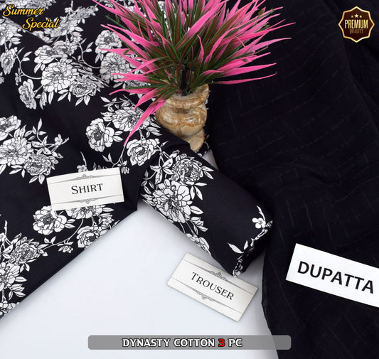 Premium Summer Cotton 3-Piece With Zari Pure Shifoon Dupatta And Digital Printed Trouser
