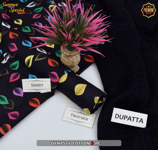 Premium Summer Cotton 3-Piece With Zari Pure Shifoon Dupatta And Digital Printed Trouser