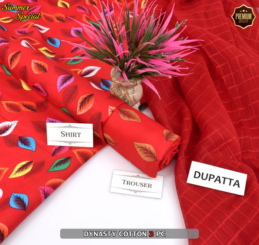 Premium Summer Cotton 3-Piece With Zari Pure Shifoon Dupatta And Digital Printed Trouser