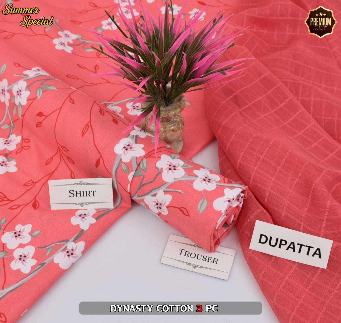 Premium Summer Cotton 3-Piece With Zari Pure Shifoon Dupatta And Digital Printed Trouser