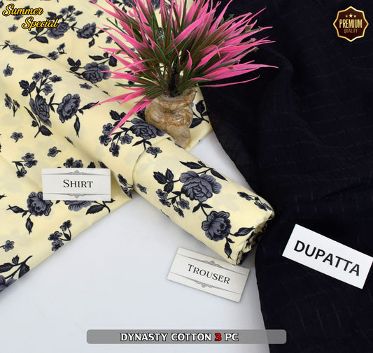 Premium Summer Cotton 3-Piece With Zari Pure Shifoon Dupatta And Digital Printed Trouser