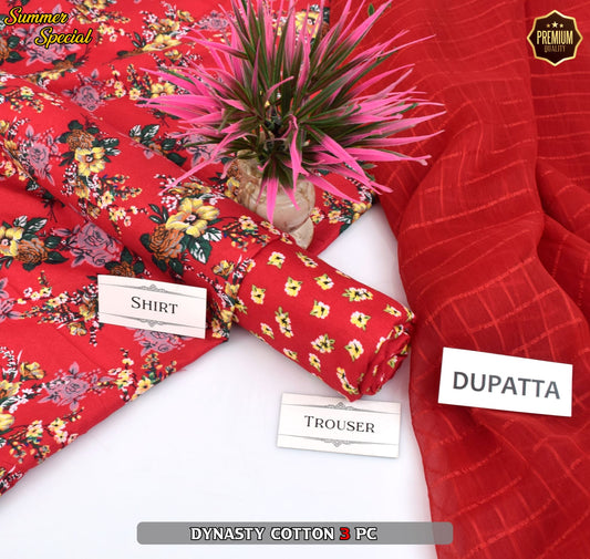 Premium Summer Cotton 3-Piece With Zari Pure Shifoon Dupatta And Digital Printed Trouser