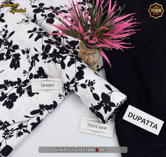 Premium Summer Cotton 3-Piece With Zari Pure Shifoon Dupatta And Digital Printed Trouser