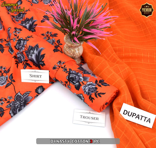 Premium Summer Cotton 3-Piece With Zari Pure Shifoon Dupatta And Digital Printed Trouser