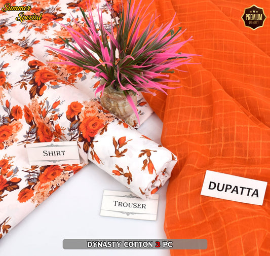 Premium Summer Cotton 3-Piece With Zari Pure Shifoon Dupatta And Digital Printed Trouser