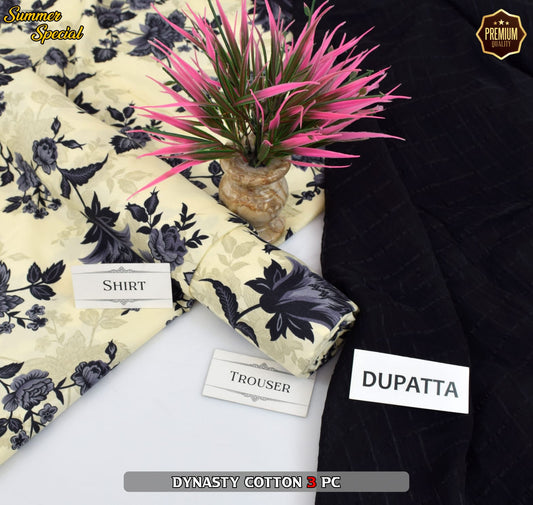 Premium Summer Cotton 3-Piece With Zari Pure Shifoon Dupatta And Digital Printed Trouser