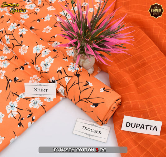 Premium Summer Cotton 3-Piece With Zari Pure Shifoon Dupatta And Digital Printed Trouser