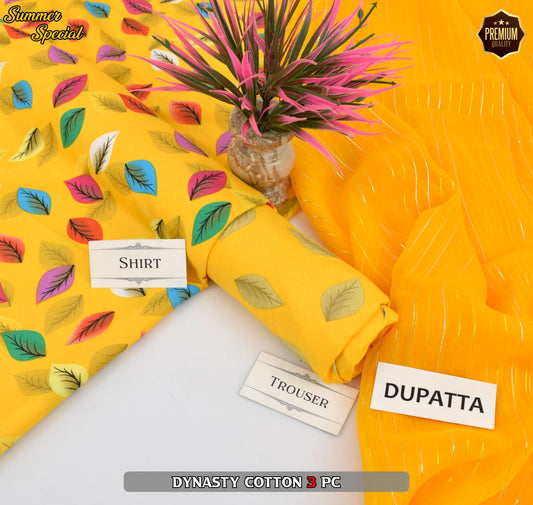 Premium Summer Cotton 3-Piece With Zari Pure Shifoon Dupatta And Digital Printed Trouser