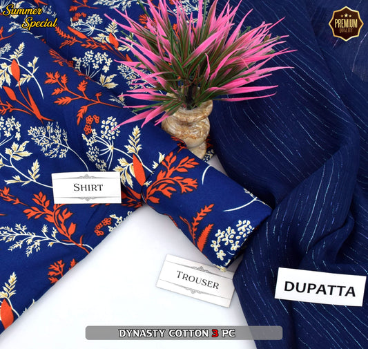 Premium Summer Cotton 3-Piece With Zari Pure Shifoon Dupatta And Digital Printed Trouser