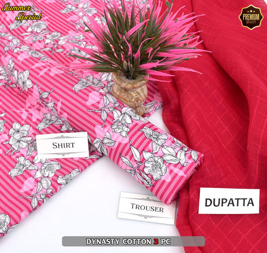 Premium Summer Cotton 3-Piece With Zari Pure Shifoon Dupatta And Digital Printed Trouser