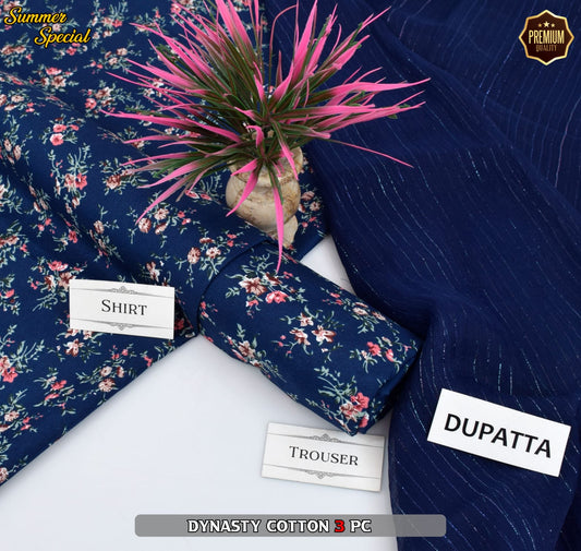 Premium Summer Cotton 3-Piece With Zari Pure Shifoon Dupatta And Digital Printed Trouser