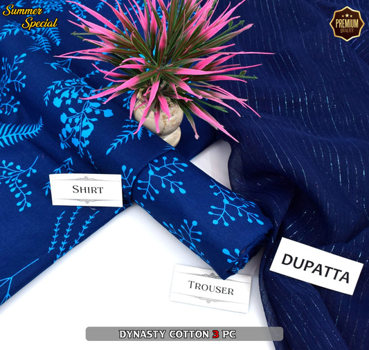 Premium Summer Cotton 3-Piece With Zari Pure Shifoon Dupatta And Digital Printed Trouser