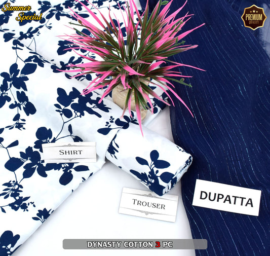 Premium Summer Cotton 3-Piece With Zari Pure Shifoon Dupatta And Digital Printed Trouser