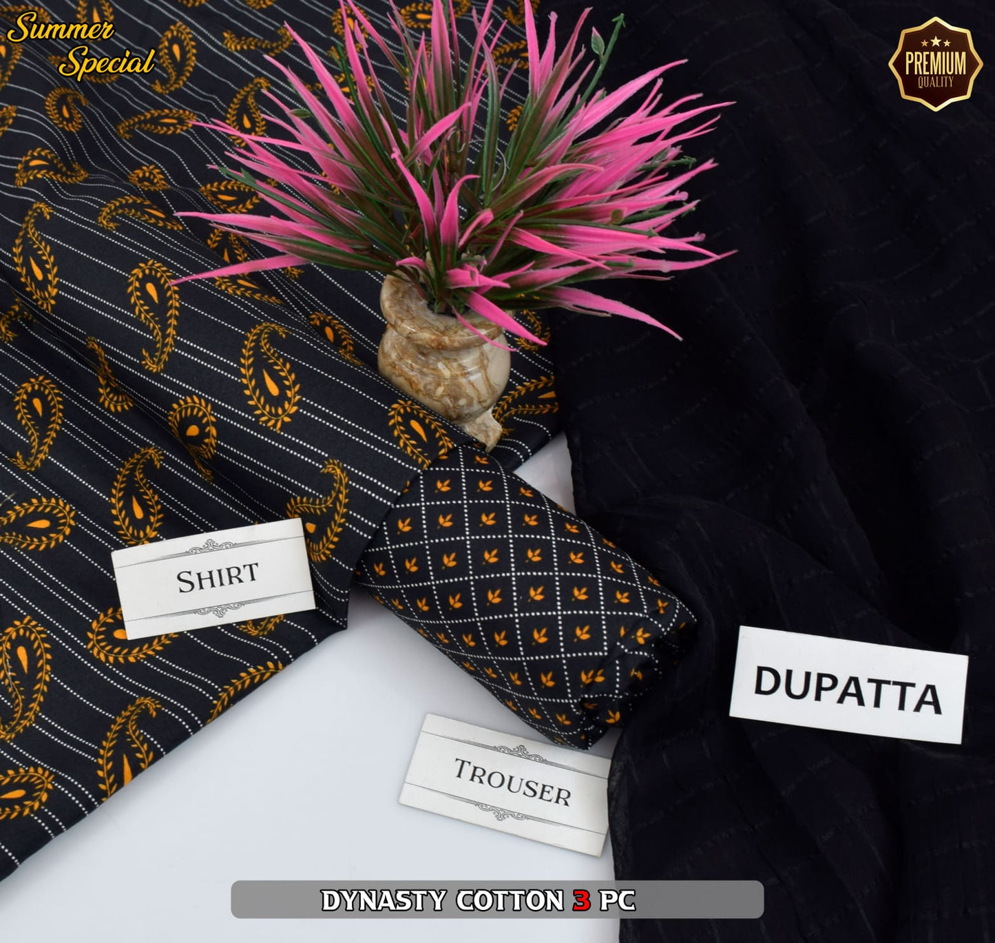 Premium Summer Cotton 3-Piece With Zari Pure Shifoon Dupatta And Digital Printed Trouser