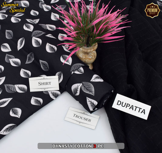 Premium Summer Cotton 3-Piece With Zari Pure Shifoon Dupatta And Digital Printed Trouser