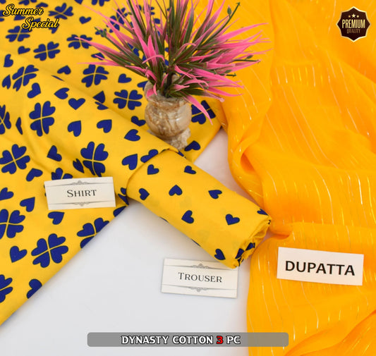 Premium Summer Cotton 3-Piece With Zari Pure Shifoon Dupatta And Digital Printed Trouser