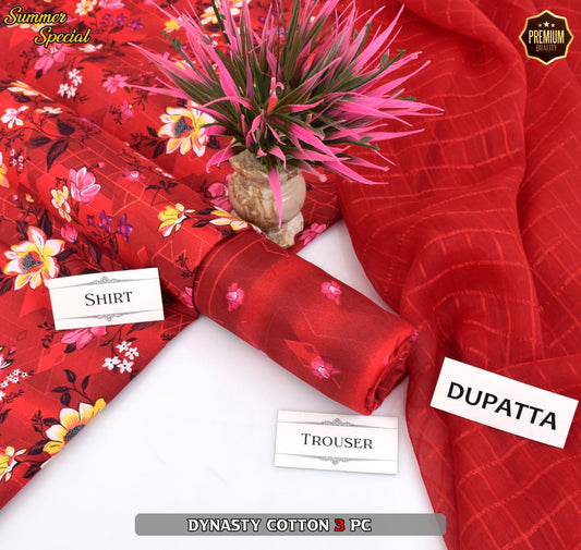 Premium Summer Cotton 3-Piece With Zari Pure Shifoon Dupatta And Digital Printed Trouser