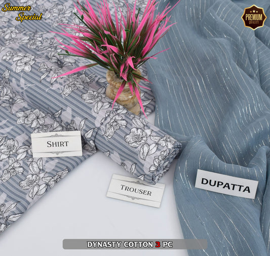 Premium Summer Cotton 3-Piece With Zari Pure Shifoon Dupatta And Digital Printed Trouser