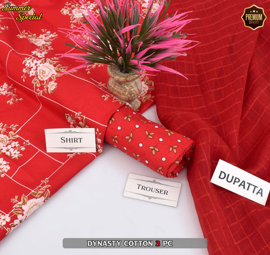 Premium Summer Cotton 3-Piece With Zari Pure Shifoon Dupatta And Digital Printed Trouser