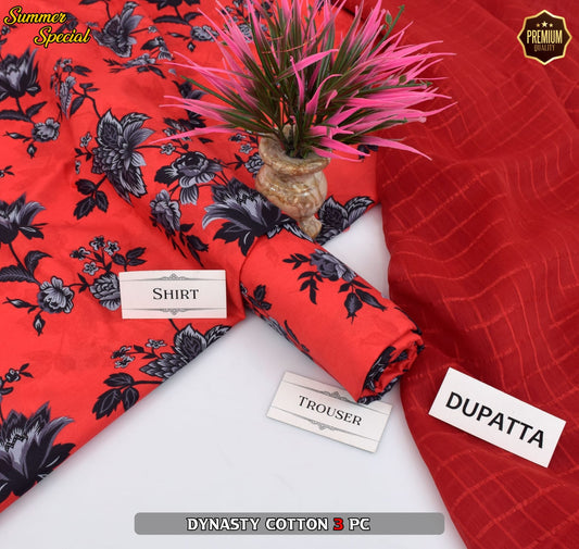 Premium Summer Cotton 3-Piece With Zari Pure Shifoon Dupatta And Digital Printed Trouser
