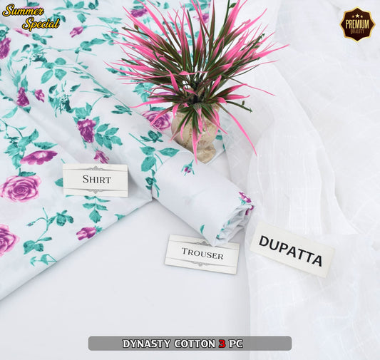 Premium Summer Cotton 3-Piece With Zari Pure Shifoon Dupatta And Digital Printed Trouser