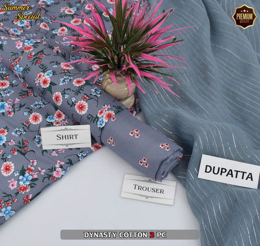 Premium Summer Cotton 3-Piece With Zari Pure Shifoon Dupatta And Digital Printed Trouser