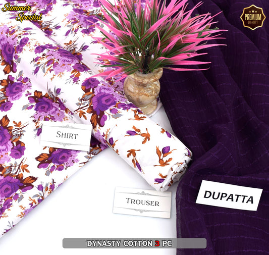 Premium Summer Cotton 3-Piece With Zari Pure Shifoon Dupatta And Digital Printed Trouser