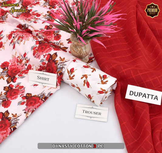 Premium Summer Cotton 3-Piece With Zari Pure Shifoon Dupatta And Digital Printed Trouser