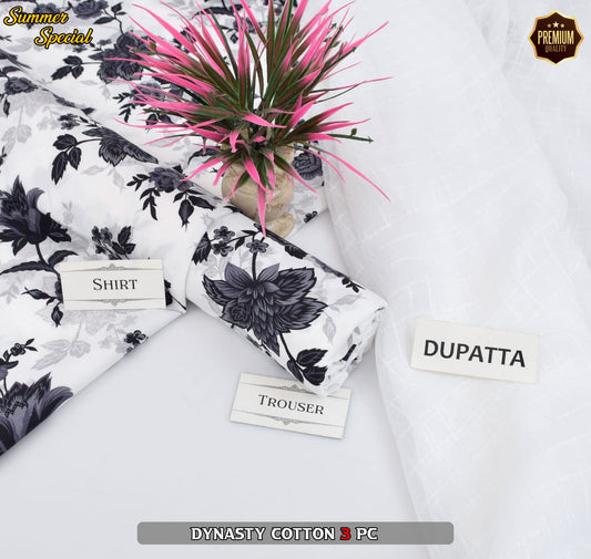 Premium Summer Cotton 3-Piece With Zari Pure Shifoon Dupatta And Digital Printed Trouser